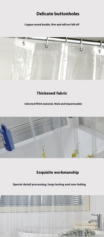 Transparent PEVA shower curtain with stainless steel grommets and hooks on a silver shower rod. - Image 7