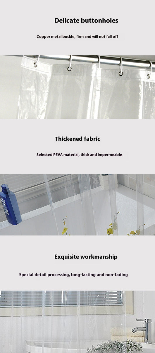 Transparent PEVA shower curtain with stainless steel grommets and hooks on a silver shower rod. - Image 7
