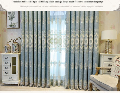 Blue sheer curtain with intricate gold and dark blue embroidery in a European classical style, draped over a window. - Image 10