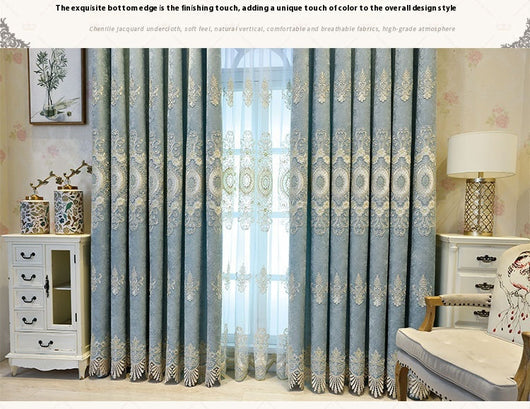 Blue sheer curtain with intricate gold and dark blue embroidery in a European classical style, draped over a window. - Image 10
