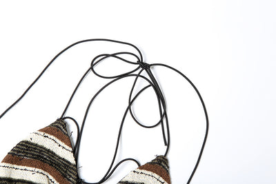 Women's fashion sexy halter lace-up striped bikini three-piece suit with brown, black, and white stripes. - Image 23