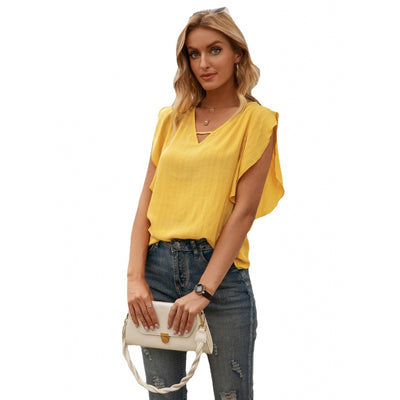 Blusa V-Escote Hoja de Loto Color Sólido - Image 4