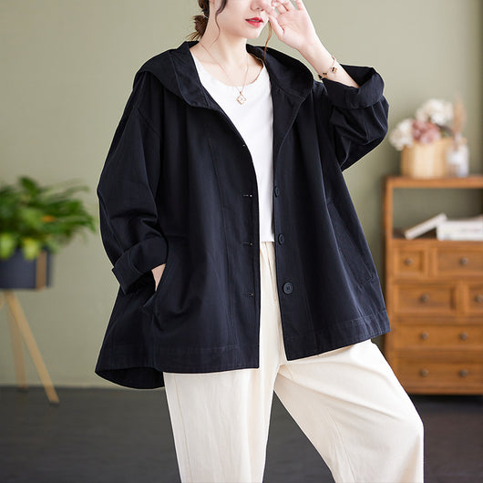 Abrigo Suelto con Capucha Mujer Retro Khaki Algodón Casual Costura Artística - Image 7