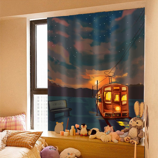 Printed Velcro cabinet curtain with a cartoon oil painting of white and yellow tulips under a light blue sky with clouds and a crescent moon. - Image 9