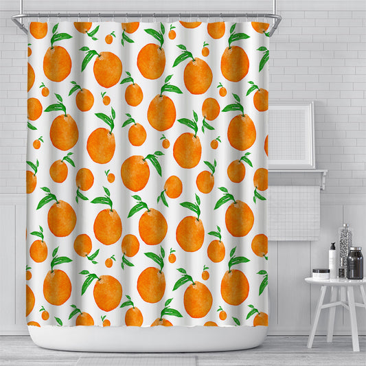 Shower curtain with a vibrant digital print of orange berries and green leaves on a light blue background, in a modern bathroom.