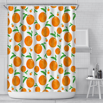 Shower curtain with a vibrant digital print of orange berries and green leaves on a light blue background, in a modern bathroom.