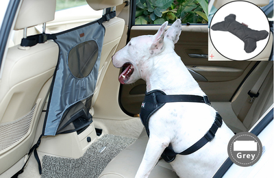 Grey pet car fence installed in a car's rear seat, separating the front and back, with a white Bull Terrier. - Image 8