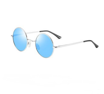 Round vintage sunglasses with gold metal frames and dark black lenses, shown at an angle on a white background. - Image 2