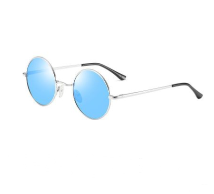 Round vintage sunglasses with gold metal frames and dark black lenses, shown at an angle on a white background. - Image 2