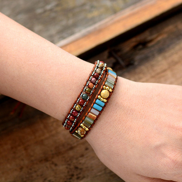 Pulsera Vintage de Cristal con Doble Vuelta en Cuero