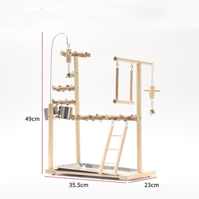 Wooden bird playground stand with multiple perches, ladder, two stainless steel bowls, and two hanging bells. - Image 3