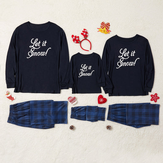 Dark blue long-sleeve pajama set with "Let it Snow!" script top and blue and black plaid pants. - Image 7