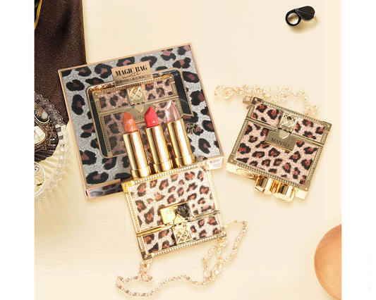 Set de Labial Mousse Estampado Leopardo con Espejo y Cadena