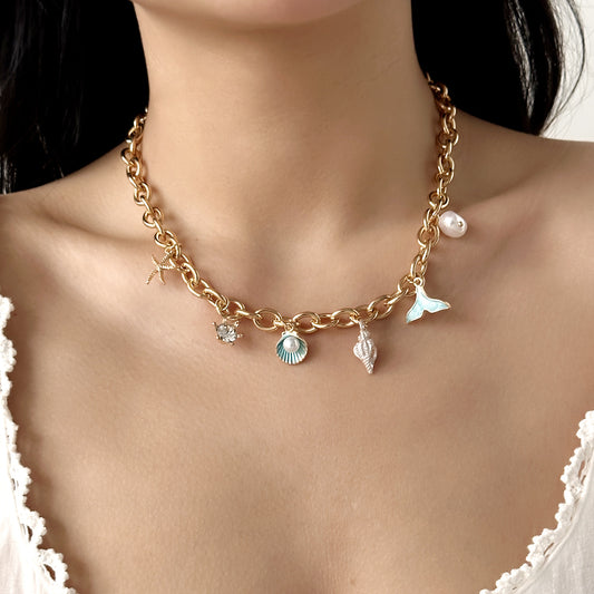 Collar y Pulsera de Perlas con Colgantes de Concha y Estrella de Mar
