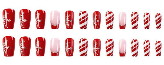 Uñas Postizas Navideñas con Diseño de Copos de Nieve y Rayas - Image 15