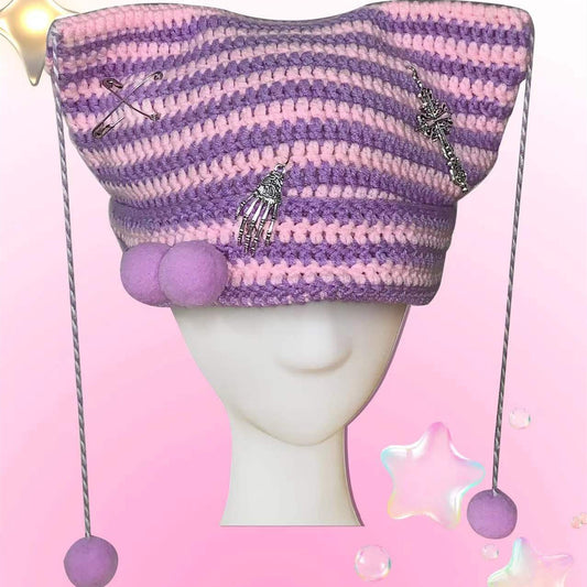 Gorro de Lana Tejido con Orejas de Gato y Pompón
