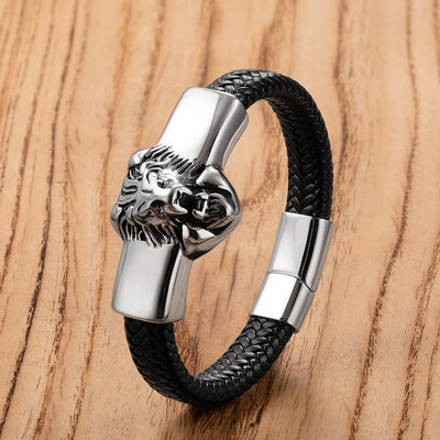 Pulsera de Cuero Personalizada con Cabeza de León Retro para Hombre - Image 3