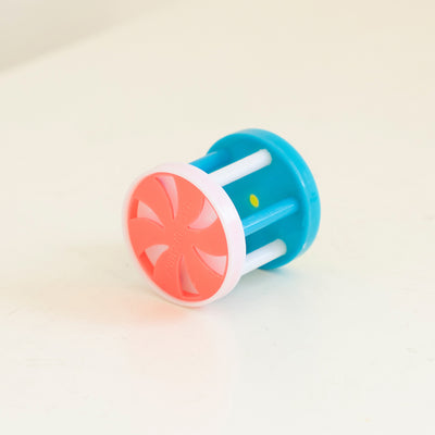 Colorful plastic cat bell roller toy with yellow and orange wheel, white and yellow rods, and a white end cap. - Image 5