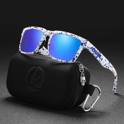 Men's and women's dazzling blue and black striped polarized sunglasses with gray lenses and a black case. - Image 7