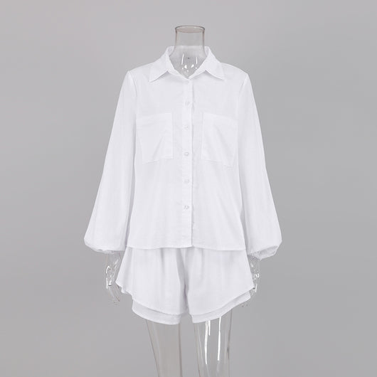 Pijama Dos Piezas de Algodón y Lino con Shorts y Manga Larga - Image 16