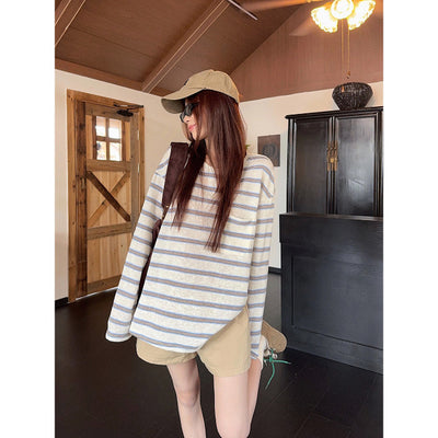 Blusa Suelta de Rayas con Cuello Redondo y Manga Larga para Mujer - Image 3