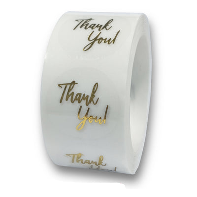 Roll of transparent round adhesive stickers with gold foil "Thank You!" text in a decorative script font. - Image 9