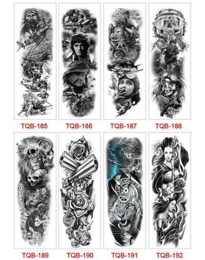 Full arm temporary tattoo sticker with a black, red, and light blue tribal design, featuring abstract shapes and patterns. - Image 60