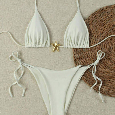 White two-piece bikini with triangle top and tie-side bottom, featuring a gold starfish charm. - Image 9