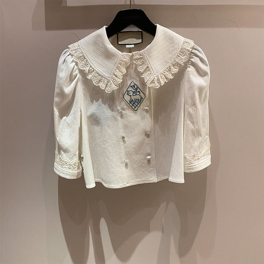 Blusa Suelta con Cuello Fruncido Bordado y Manga Corta para Mujer - Image 9
