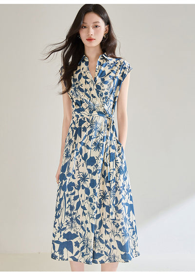Vestido Camisero Ajustado Estampado Azul y Blanco - Image 14