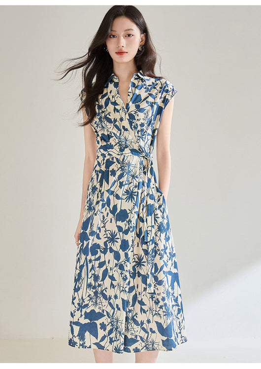 Vestido Camisero Ajustado Estampado Azul y Blanco - Image 14