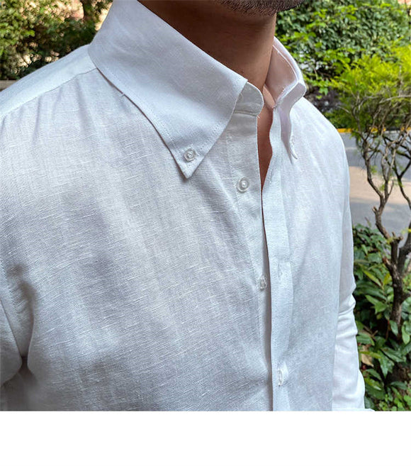 Camisa Casual Hombre Algodón Lino Manga Larga Color Sólido
