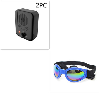 Black ultrasonic anti-barking device with a red light and a control knob, next to yellow pet goggles with rainbow lenses. - Image 13