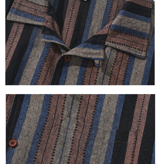 Camisa Retro Amekaji a Rayas de Estilo Étnico Manga Corta - Image 12