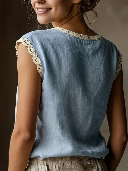 Blusa Suelta de Lino y Algodón sin Mangas con Encaje - Image 12