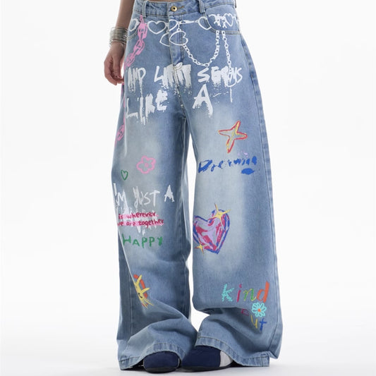 Pantalones Rectos Anchos con Cadena Estampada para Mujer