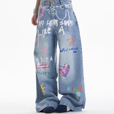 Pantalones Rectos Anchos con Cadena Estampada para Mujer