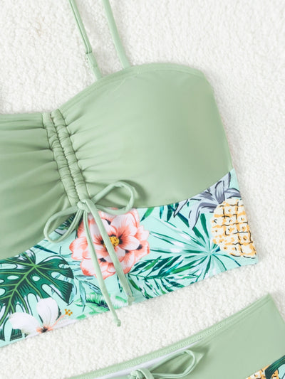 Women's light green two-piece bikini swimsuit with tropical floral and pineapple print, featuring drawstring top and shorts. - Image 21