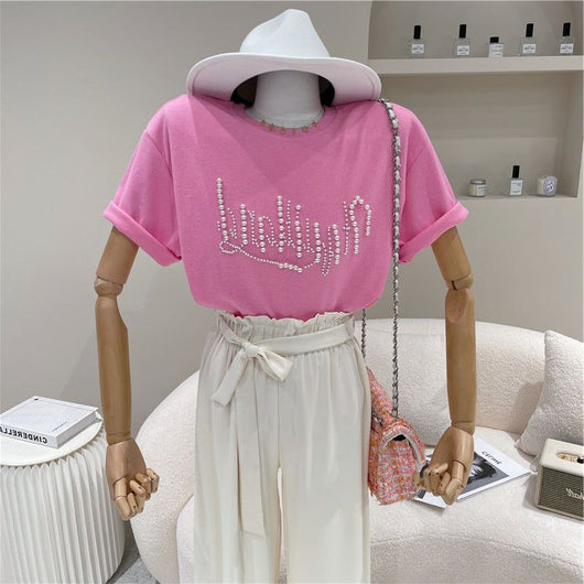 Camiseta Suelta Cuello Redondo con Perlas y Letras Estampadas - Image 5
