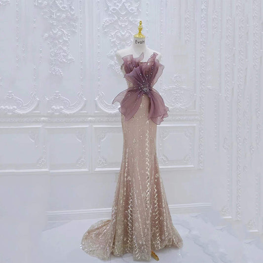 Vestido de Noche Champagne Lujo con Pedrería
