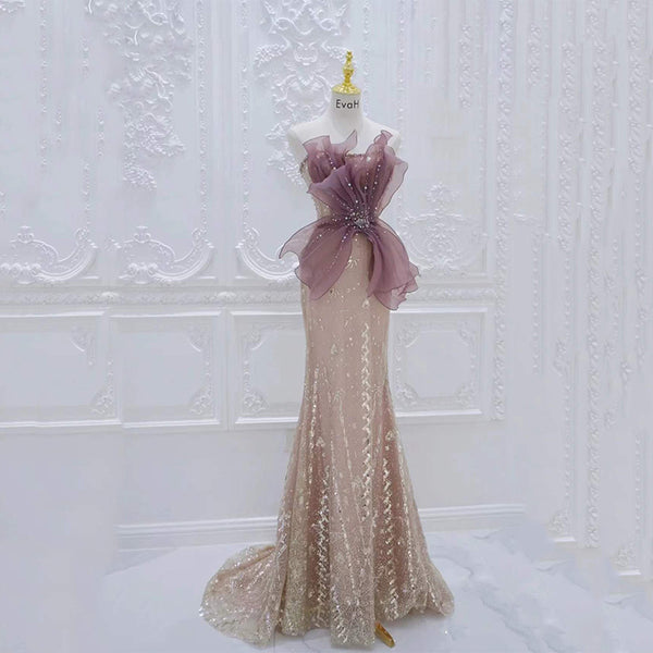 Vestido de Noche Champagne Lujo con Pedrería