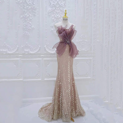 Vestido de Noche Champagne Lujo con Pedrería