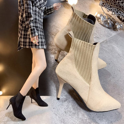 Botas Stiletto Puntiagudas con Caña Elástica para Mujer