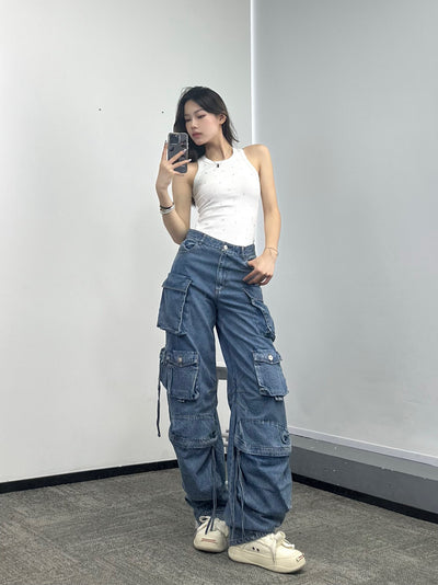 Pantalones Vaqueros Anchos para Mujer con Múltiples Bolsillos - Image 10