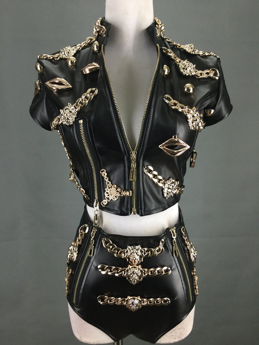 Traje de Cuero Jazz de 2 Piezas para Baile de Nightclub - Image 4