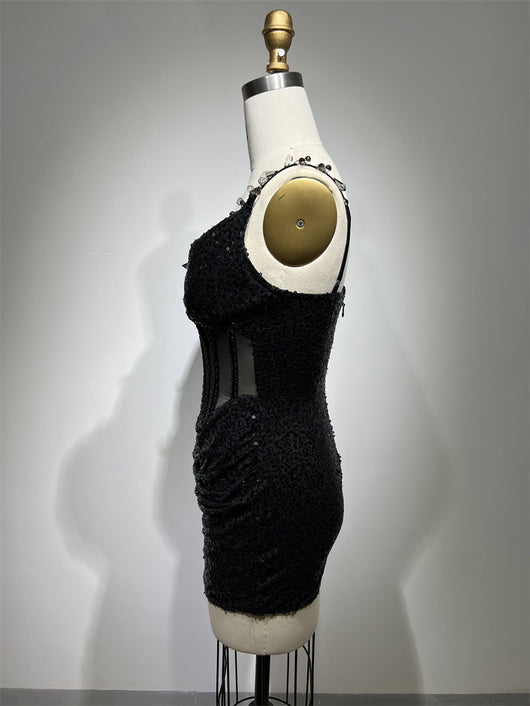 Vestido Corto Negro con Lentejuelas y Tirantes Transparentes - Image 11