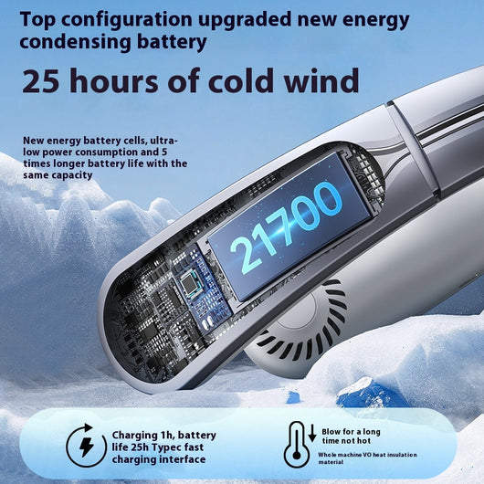 Ocean blue portable neck fan with digital display, showing 100 fan speed, designed for outdoor sports and personal cooling. - Image 3