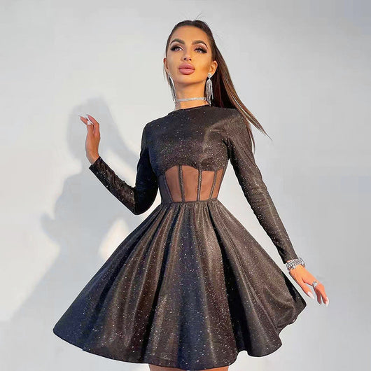 Vestido Elegante de Seda Brillante con Escote Redondo y Vuelo Sensual - Image 2