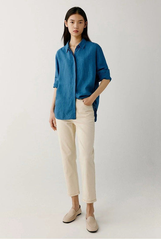 Camisa de Lino Azul Suelta - Comodidad Natural - Image 40