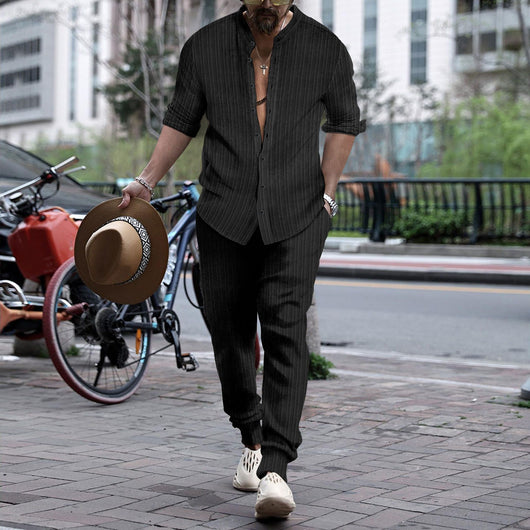 Pantalón y Camisa de Rayas con Cuello Hengli para Hombre - Image 18